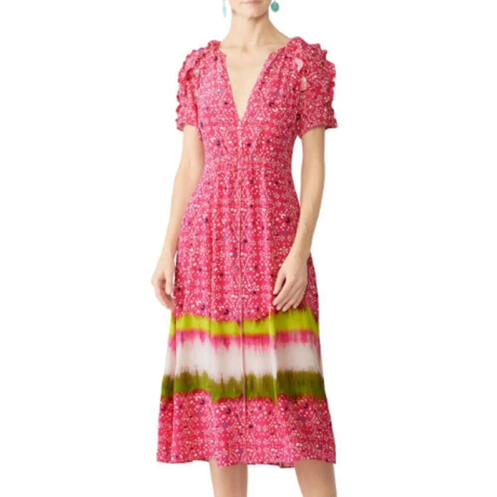Tanya Taylor Luciana Dress Pink Mosaic Print Ruffle Sleeves Midi 2